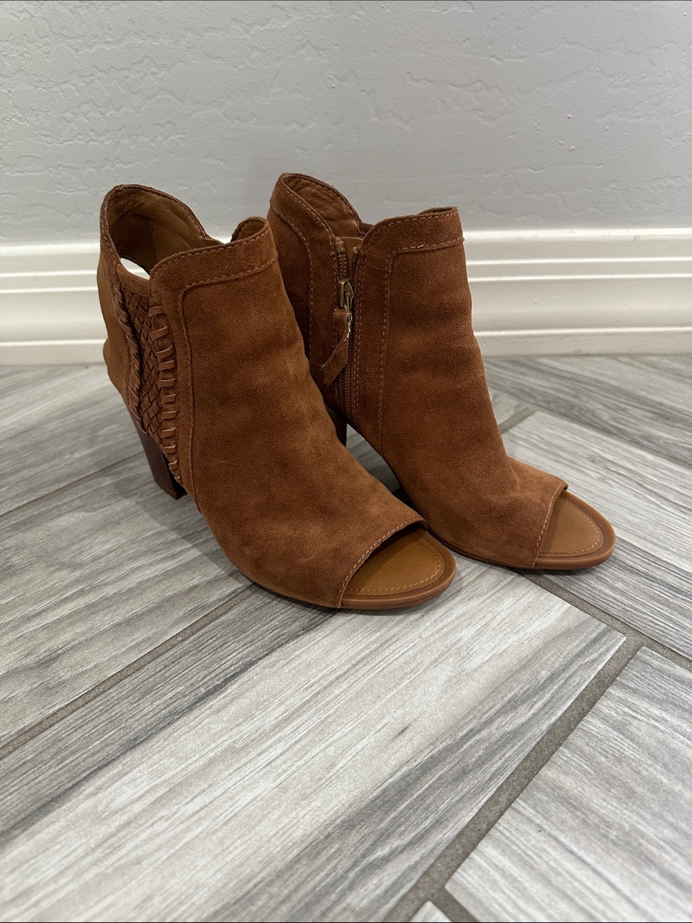 Franco Sarto Brown Suede Peep-Toe Booties with Braided Heel